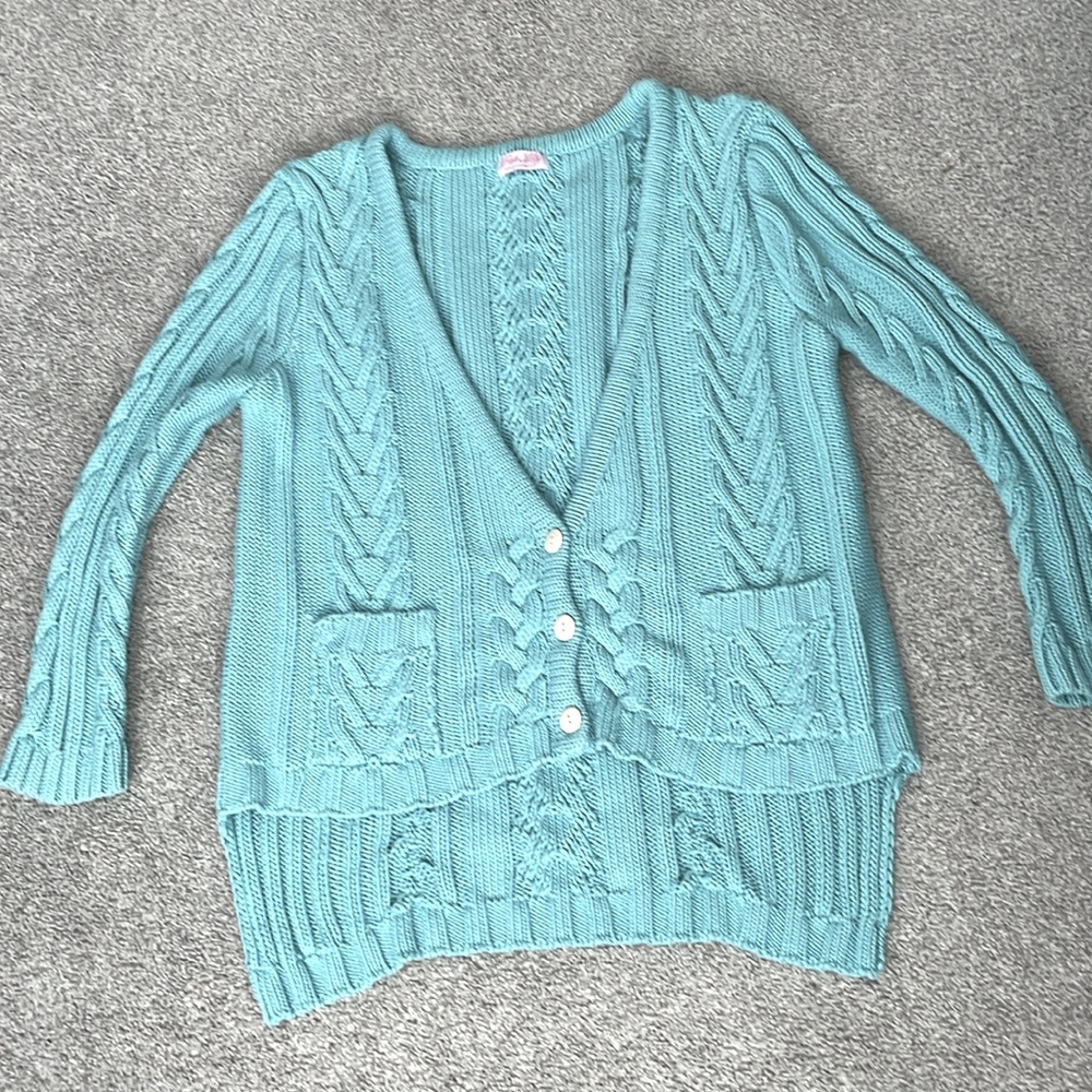 Pink Lily women's light turquoise Cable Knit Cardigan Sweater EUC
